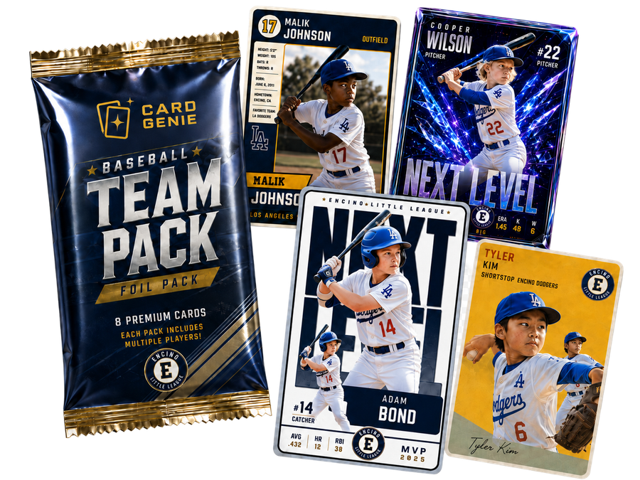 A pack of personalized team trading cards fanned out — one card for every player on the team.