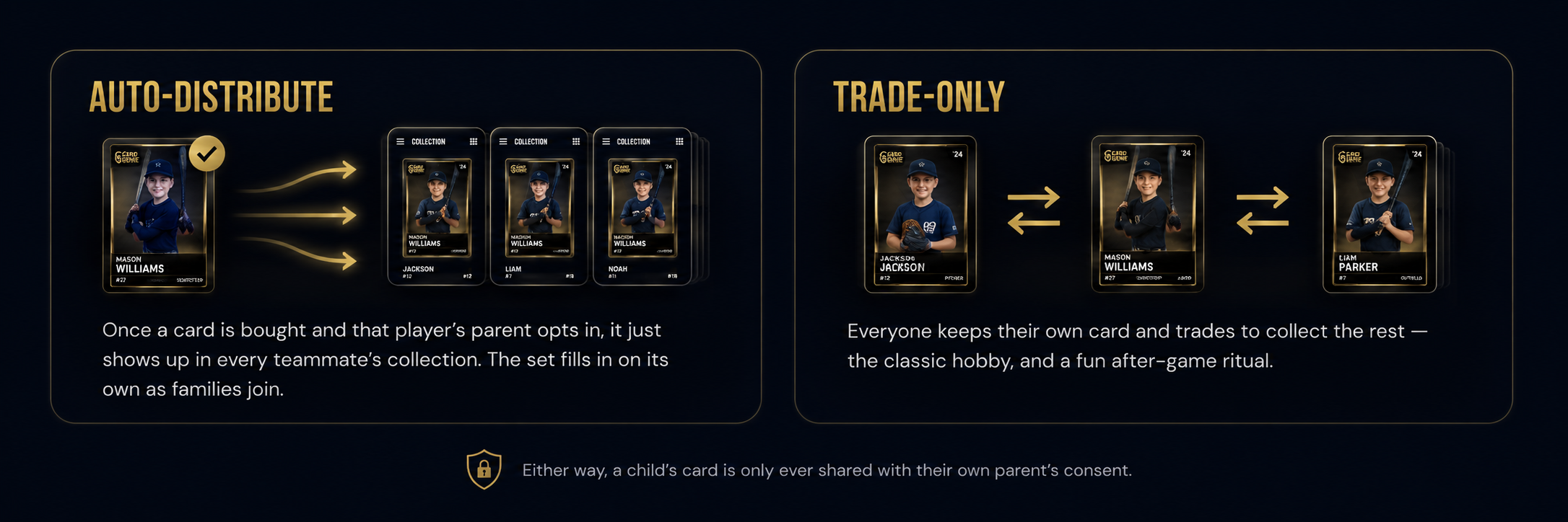 Two ways to collect the team: Auto-distribute shares each card to every teammate, or Trade-only where everyone trades to collect the rest