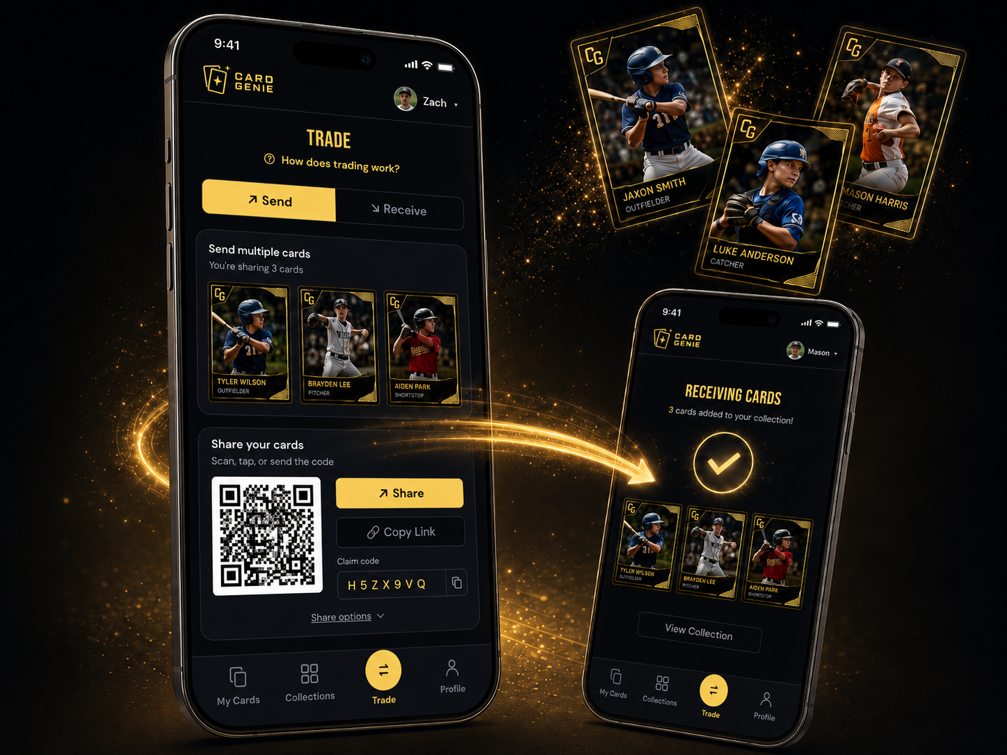 Trading a card — scan a QR code or share a link