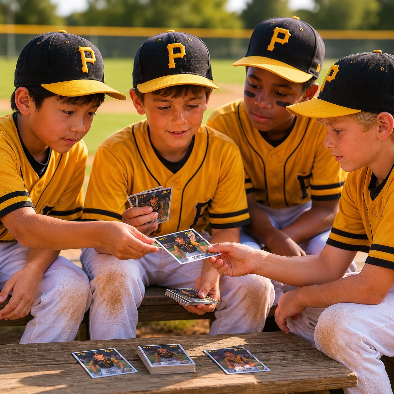 Kids on a sports field comparing and trading their personalized trading cards.