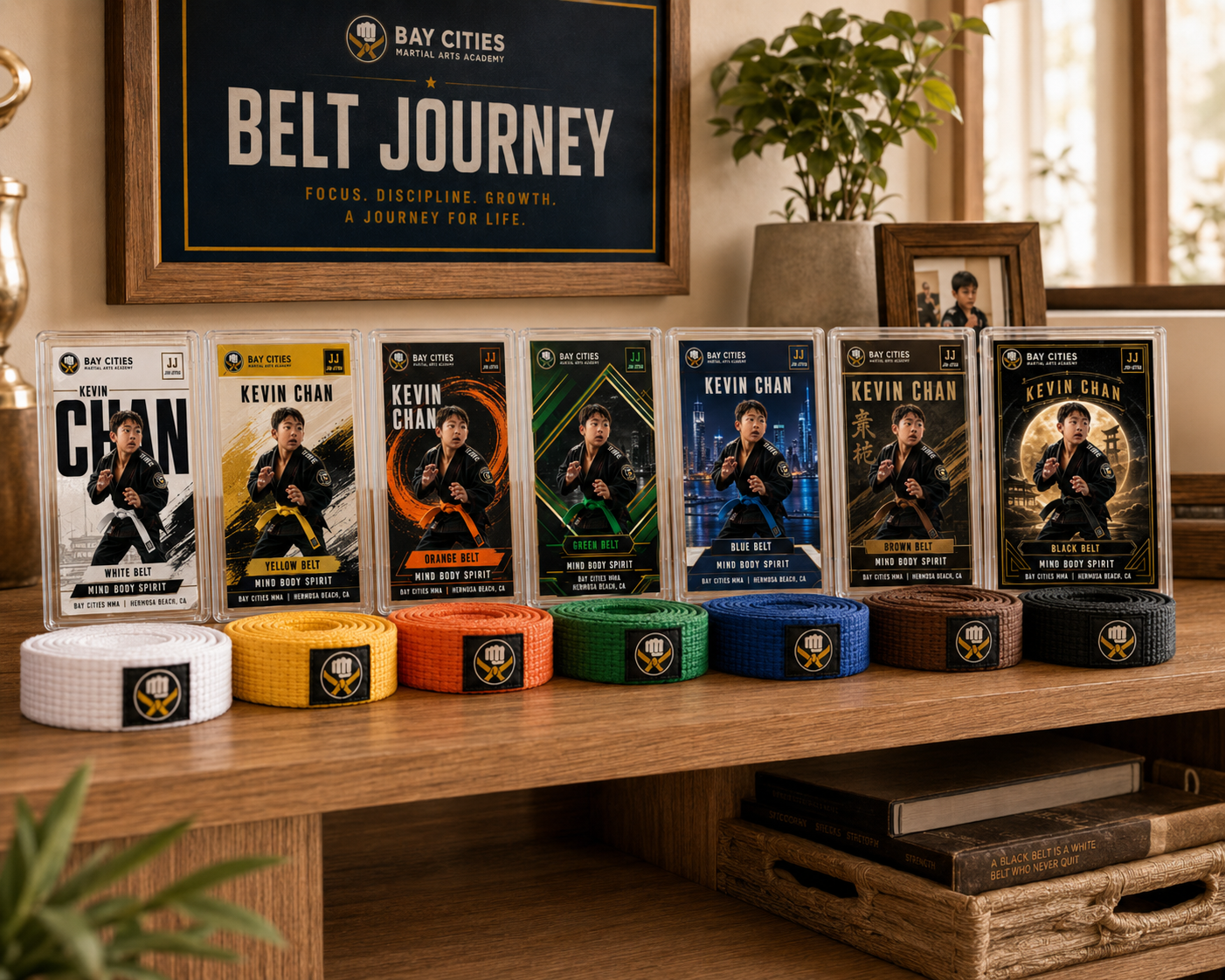 A child's bedroom shelf displaying a growing collection of commemorative martial arts belt cards alongside belts and trophies.