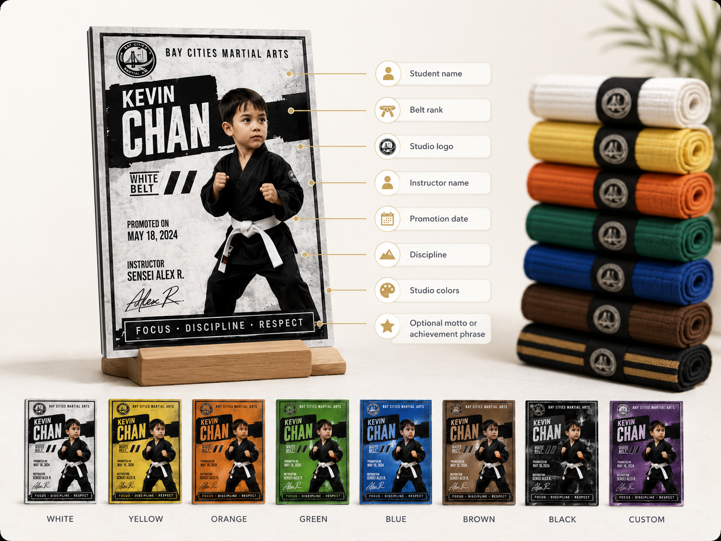 A personalized commemorative martial arts card featuring the student's photo, belt rank, and studio branding.