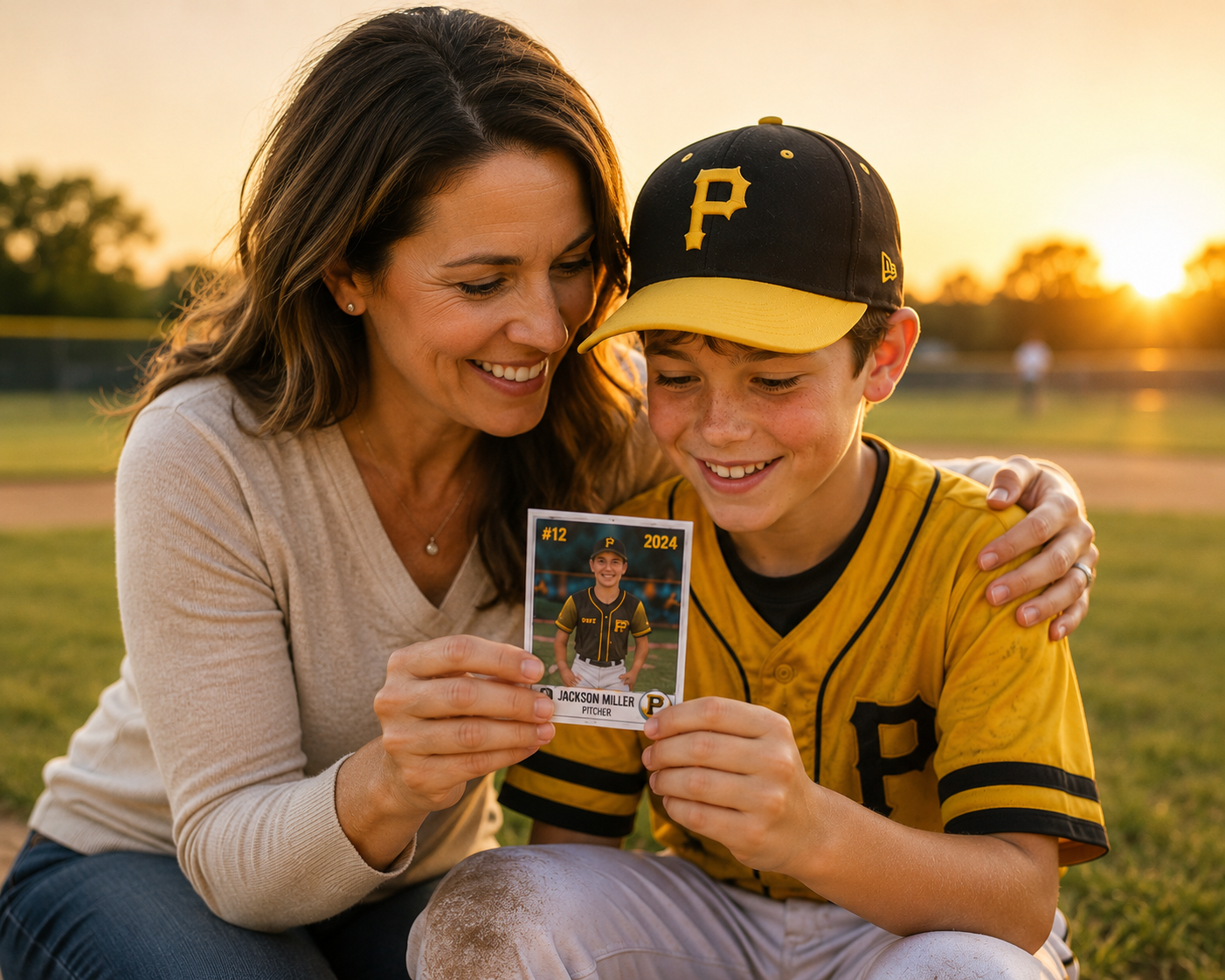 A parent and child smiling while looking at a personalized trading card together.