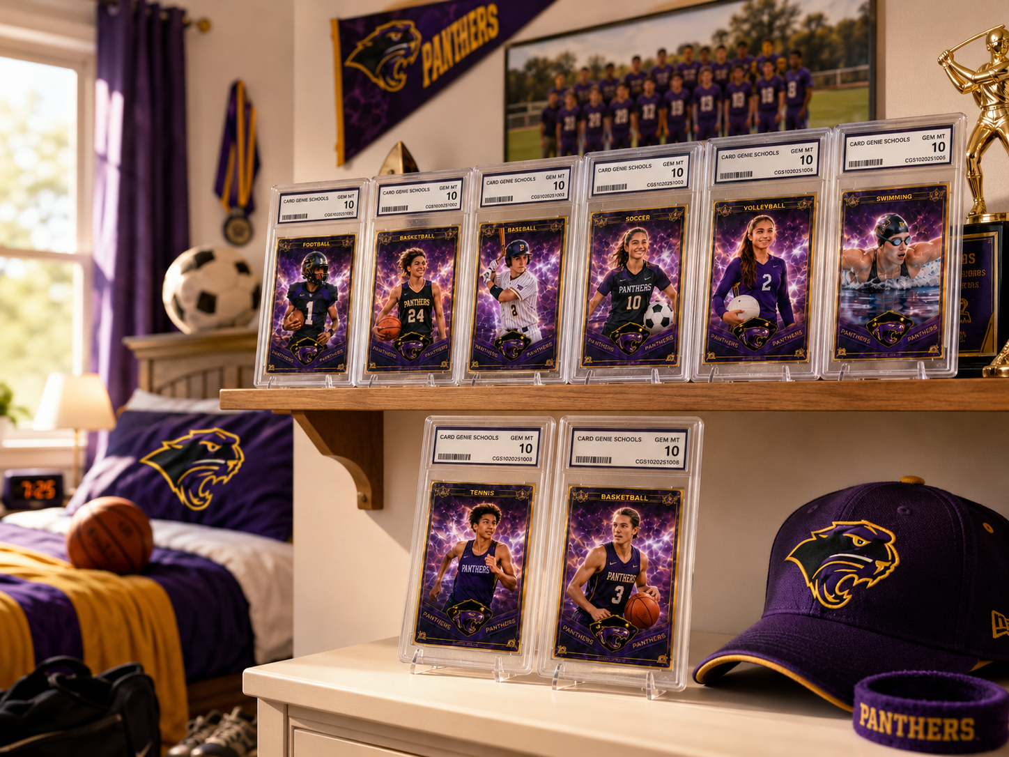 A student's room with cards displayed in clear grading-style slabs on a shelf