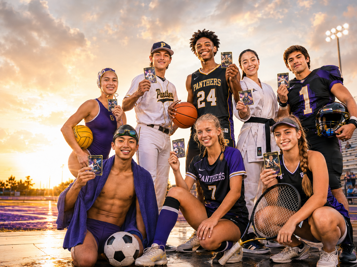 Student-athletes from many sports holding their custom Card Genie cards