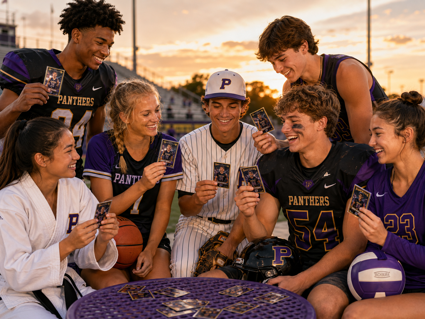 Students from different sports trading and comparing their cards after a game
