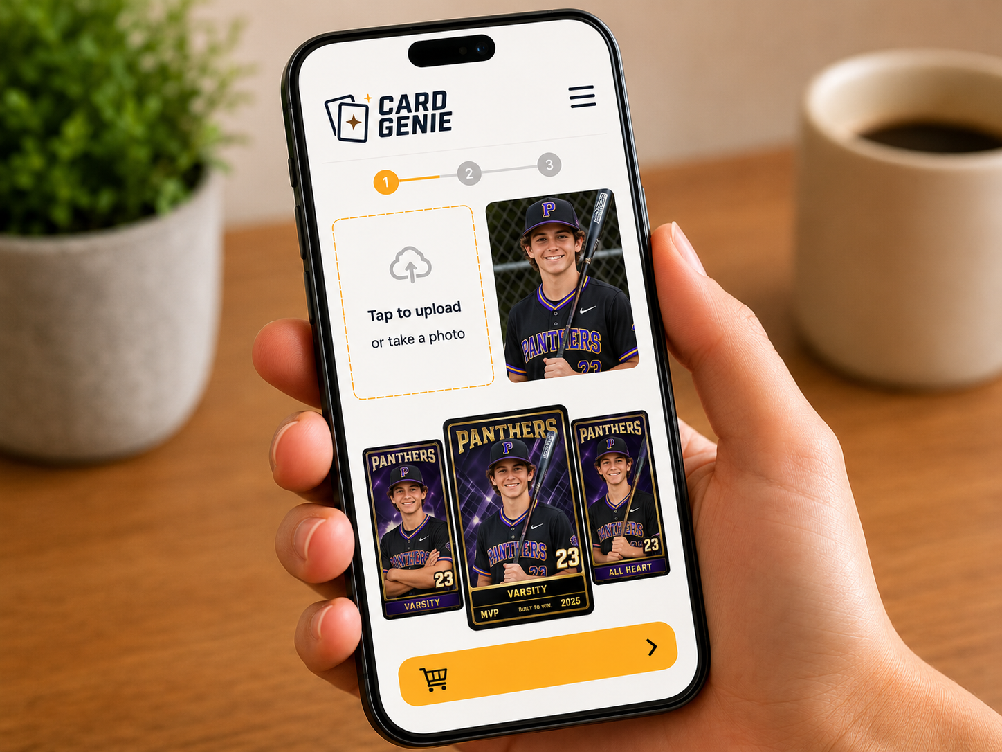 A parent and student ordering custom cards from a phone at home