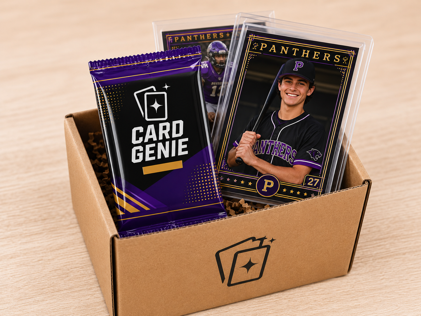A Card Genie pack and a slabbed Panthers card in a kraft shipping box